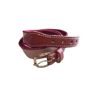 VTG Mens Cotton & Leather Belt Retro Tan Red 31”-33”Brass Buckle Casual Everyday